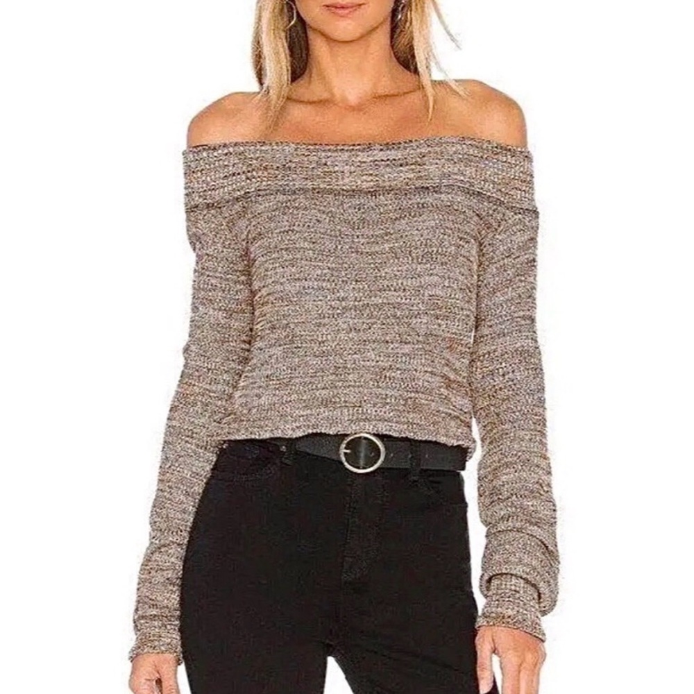 New Free People Brown Off the Shoulder Knit Sweater "Wild Horses Combo", XS